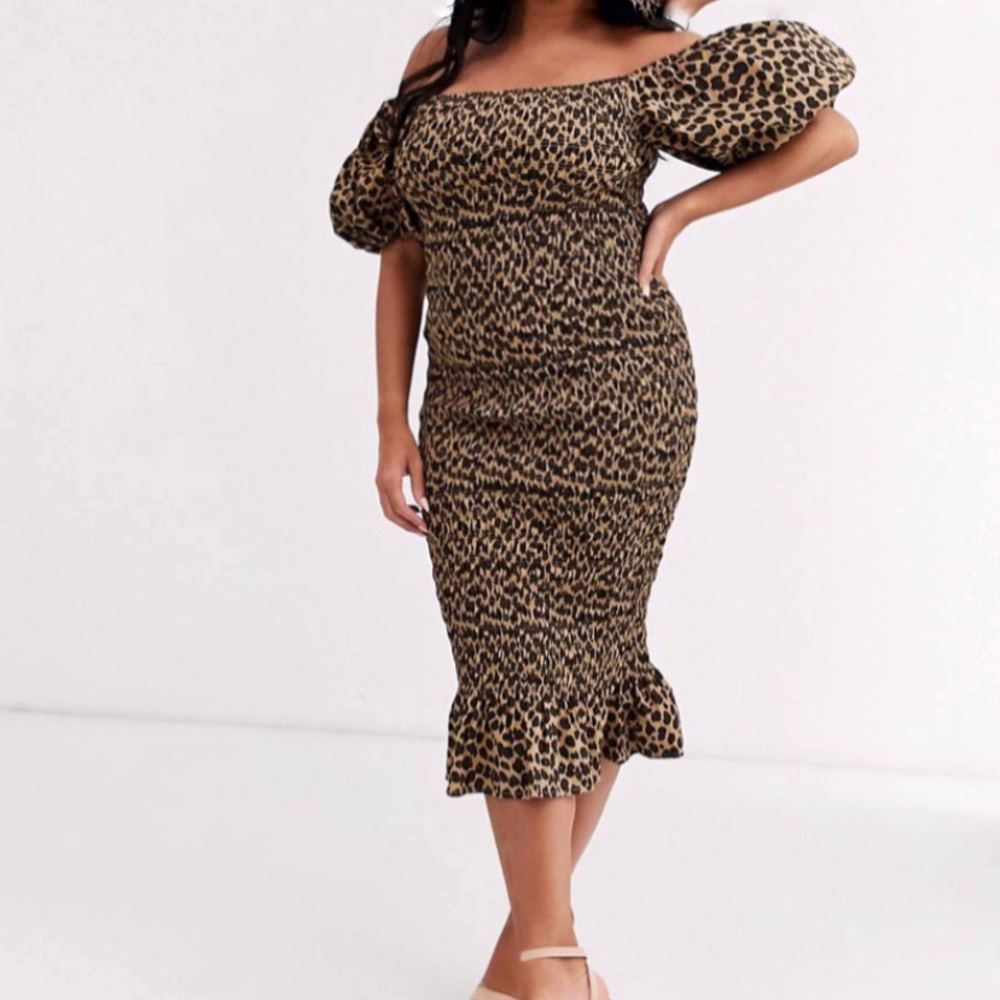 Rebdolls Puff Sleeve Leopard Print Black Brown Elastic Off Shoulder Dress - Picture 4 of 11